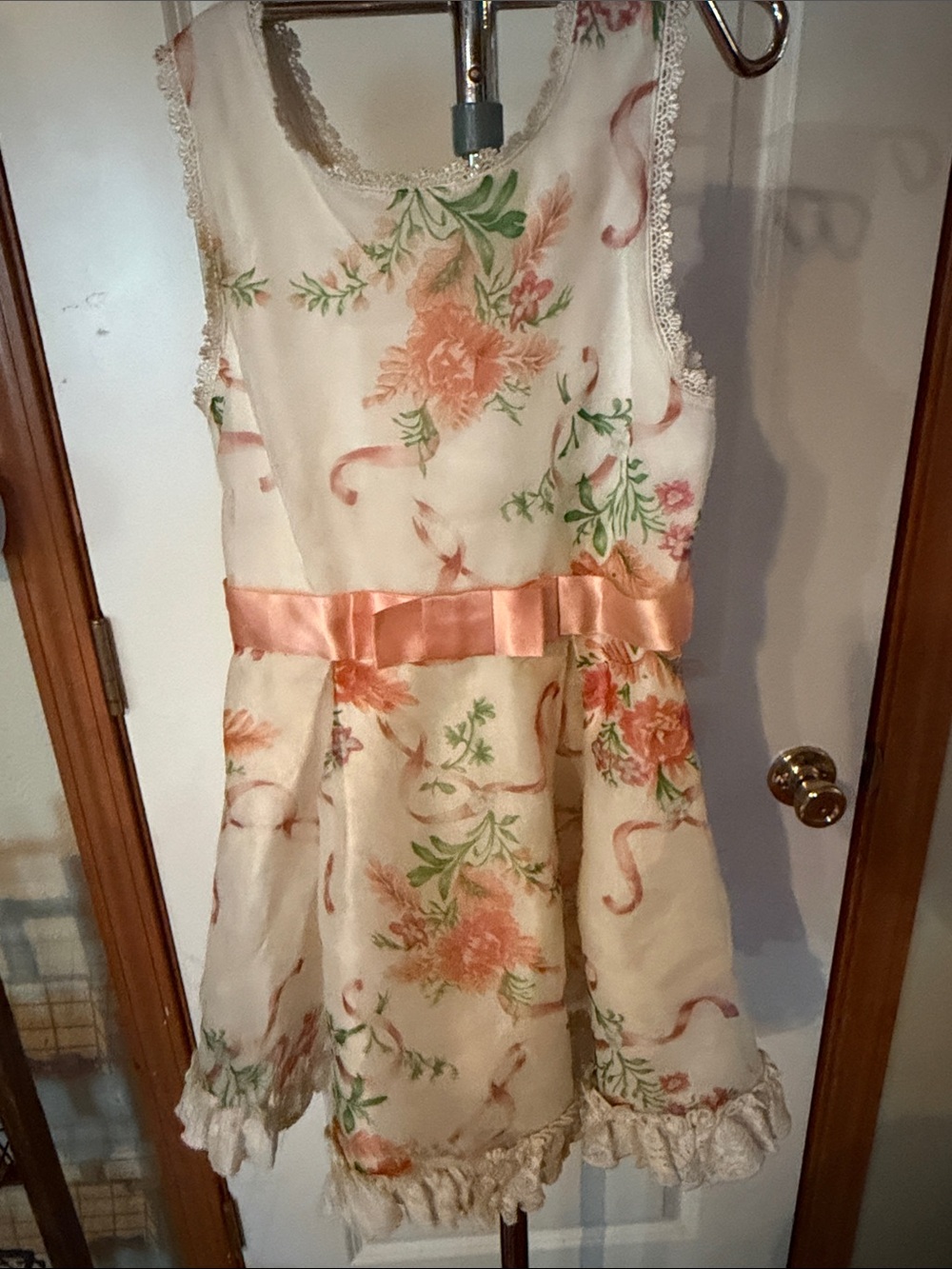 Girls Cream Floral Dress with Peach Ribbon